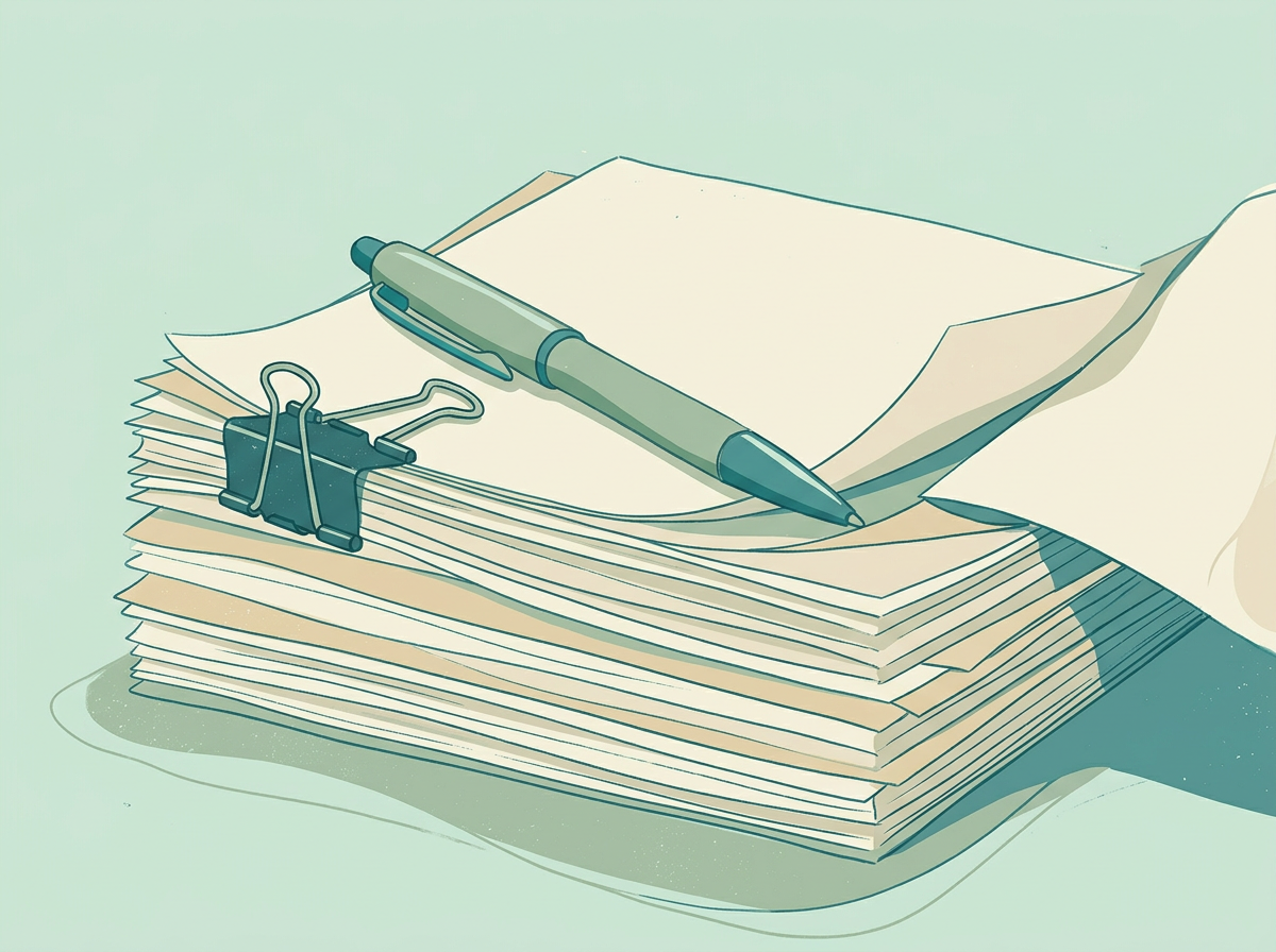 Illustration : une pile de feuilles tenues par une pince, avec un stylo posé dessus.