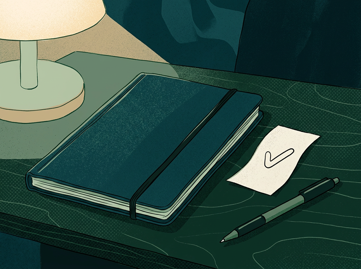 Illustration : un dossier fermé, un reçu coché et un stylo posés sur un bureau éclairé par une lampe.