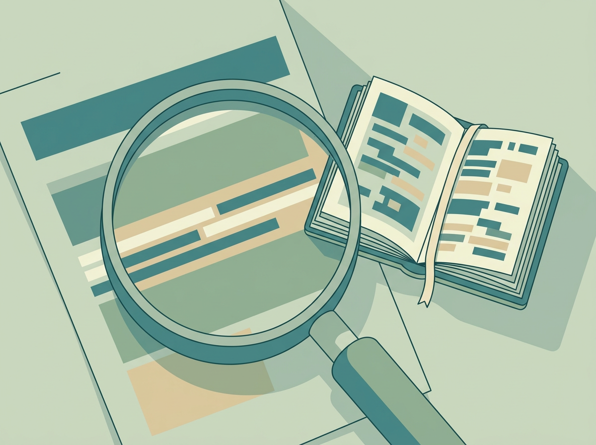 Illustration : une loupe sur un document, à côté d’un code de lois ouvert.